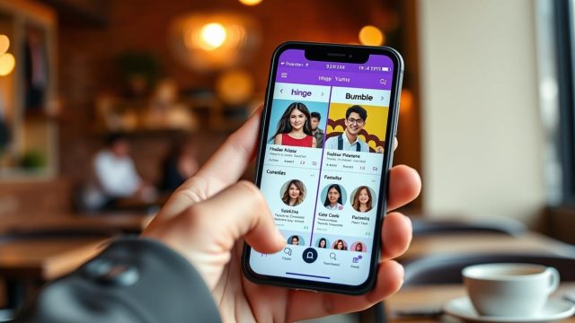 Confronto tra profili Hinge e Bumble sullo schermo di uno smartphone