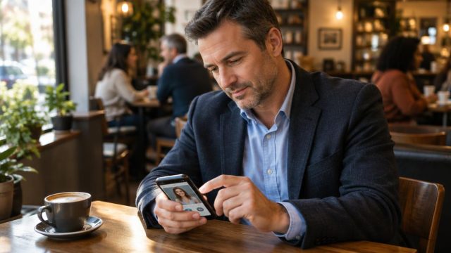 Persona quarantenne valuta profili e obiettivi su un’app di incontri